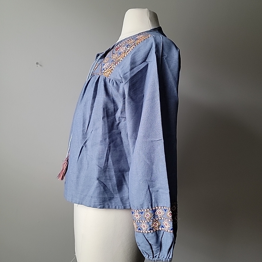 Rebellion blue embroidered blouse with tassels Size M - Picture 2 of 9